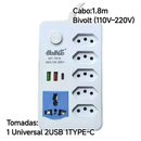 Extensão Elétrica Bivolt com USB e Type-C Cabo 1,8/2m com Interruptor