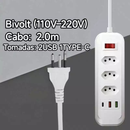 Extensão Elétrica Bivolt com USB e Type-C Cabo 1,8/2m com Interruptor