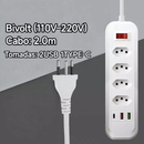 Extensão Elétrica Bivolt com USB e Type-C Cabo 1,8/2m com Interruptor